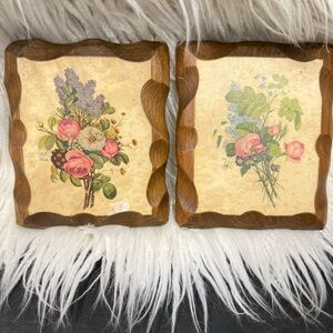 2 Vtg J L Prevost Floral Print on Wood Wall Art Set Miniature Art Cottagecore